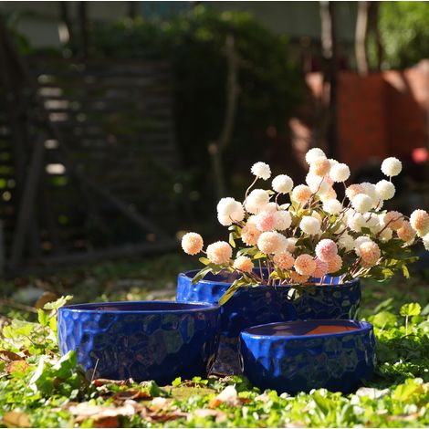 Juego de 3 macetas de cerámica azul antiguo con drenaje para interior y exterior FLORAGRACE (1/5)