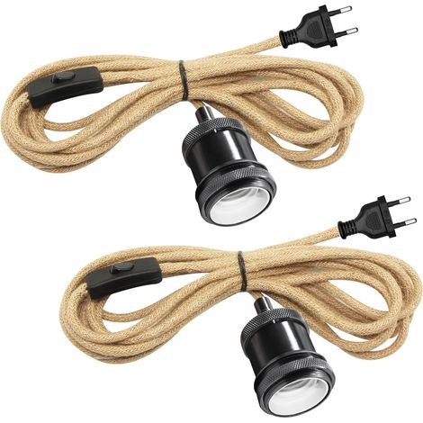 2PCS Lustre Corde de Chanvre avec Prise, 500CM Cable Douille E27, Lampe Suspendue avec Prise et Interrupteur, Suspension Luminaire Corde Chanvre, Convient pour Intérieur DIY Abat Jour, Noir (1/5)