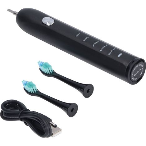 Brosse à dents électrique souple pour adultes, noire, rechargeable par USB, 5 modes, étanche, blanchissante, à ultrasons, avec 2 têtes de brosse. (1/5)