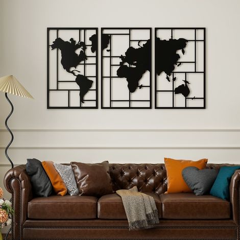 Décoration murale métal 3 pièces carte du monde 150 x 80 cm noire REDOM (1/5)