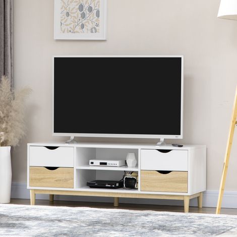 Mueble TV de Salón Mesa para Televisores de hasta 55" con Estantes y 4 Cajones 120x40x44,5 cm Blanco y Roble (1/5)