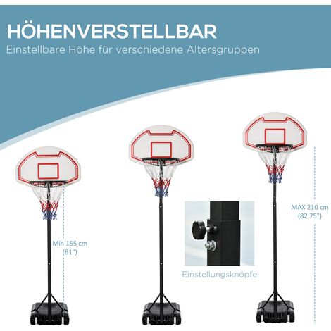 Panier de basket extérieur avec roulettes, hauteur réglable 155-210 cm, support mobile en acier+PE, transportable. (1/5)