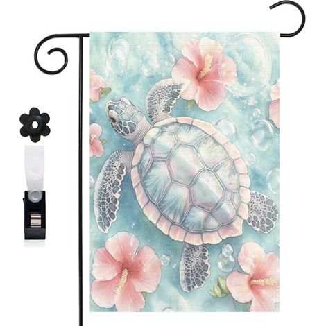 Drapeau de jardin décoratif 30 x 45 cm motif tortue et décor marin coloré toile double face (1/5)