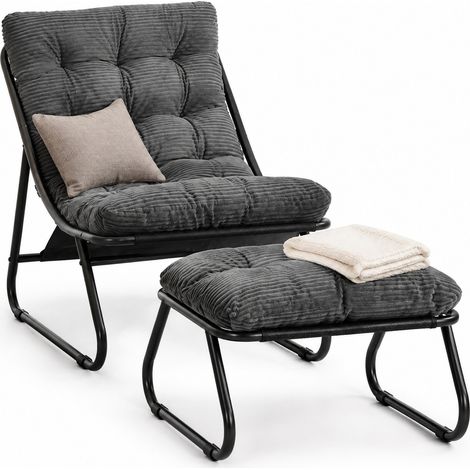 Salon de Jardin 1 Place en Acier avec Chaise Longue, Pouf et Coussin Confortable, Gris