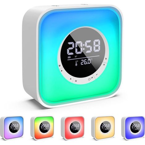 Beleuchteter Wecker mit Bluetooth-Lautsprecher – 10-farbige LED-Nachttischlampe – FM-Radio – Temperaturanzeige – wiederaufladbarer 3600-mAh-Akku