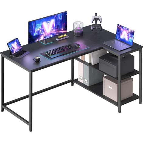 Bureau Gaming en L, Bureau avec Rangement, Étagères Réversibles à Hauteur Réglable, pour Domicile, 120 x 80 cm, Noir Boisé LWD136BE01 (1/5)