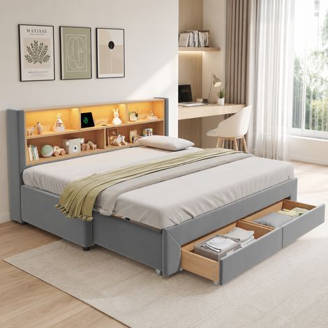 Lit Gigogne 90x200 cm Lit Banquette extensible 180 cm avec 2 tiroirs, USB et LED, velours gris (1/5)