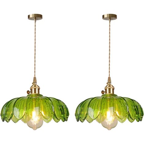 2pcs Lampe Suspension Moderne en Verre,25cm Vintage Lustre Abat-jour en Fleur Vert avec Interrupteur ligne 1.5M Reglable (1/5)