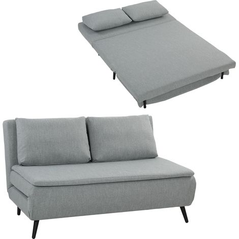 Divano Letto 2 Posti 3 in 1 in Tessuto Effetto Lino con 2 Cuscini, Struttura in Legno e Acciaio, Grigio Chiaro (1/5)