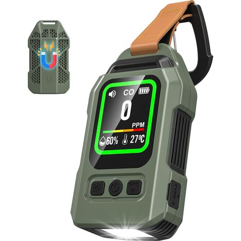 Detecteur Monoxyde Carbone Portable, Autonomie de 300 Heures, thermomètre et hygromètre avec Fonction d'alarme et Lampe Torche d'urgence, idéal pour Le Camping, Les Voyages, la Voiture et la Cuisine. (1/5)