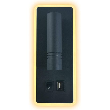 Lampadaire mural LED 9W noir rectangulaire, liseuse chevet avec port USB, double éclairage 6W 3000K blanc chaud + 3W 6500K blanc froid, luminaire design économique. (1/5)