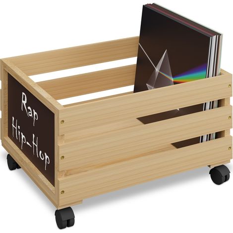 Relaxdays Porta Vinili, Cassetta in Bambù con Ruote, 50-80 Dischi, 27x43x34 cm, Contenitore Portavinili, Naturale Nero