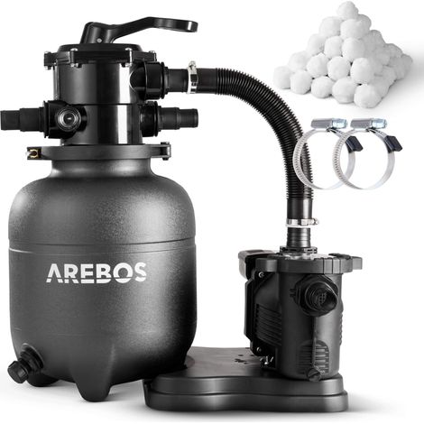 AREBOS Sistema de Filtro de Arena para Piscina con Bomba 350W - 9500 L/h, 7 Vías, incl.Accesorios-Negro (1/5)