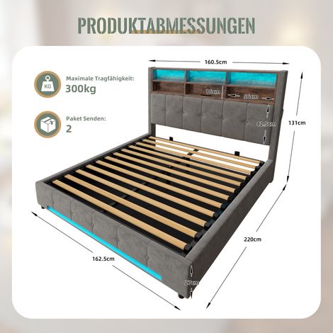 Lit en velours 160x200 cm avec tête de lit multifonction : 6 compartiments, poches latérales, USB-C, LED, fonction hydraulique et grand rangement sous le lit protégé de la poussière, choix pratique po (1/5)