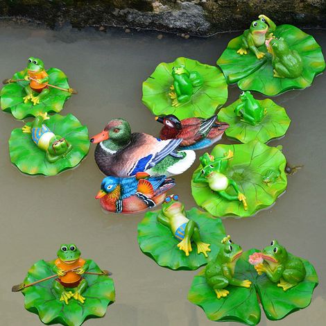 Set aus schwimmendem Frosch und Seerose, Harzdekoration für einen Gartenteich oder Springbrunnen, Wasserfigur. (1/5)