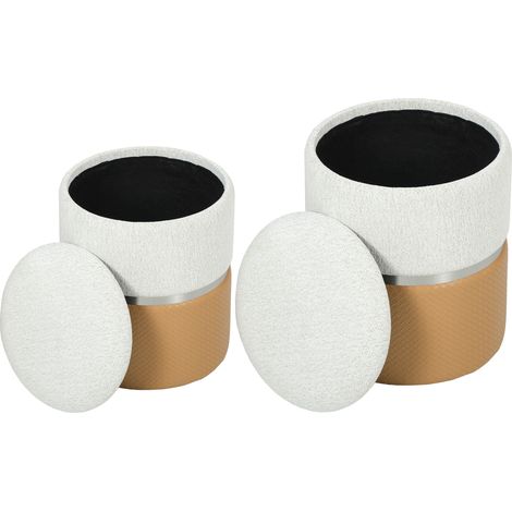 Lot de 2 poufs de rangement en chenille et polyuréthane, assise rembourrée, pour entrée ou chambre, marron et crème