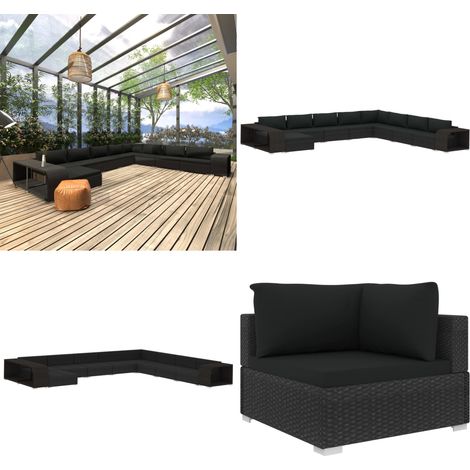 11-tlg. Garten-Lounge-Set mit Auflagen Poly Rattan Schwarz - Gartenlounge - Rattansofa (1/5)
