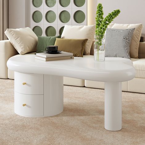 Tavolino da caffè 97x64x42 cm, forma irregolare, 2 cassetti, bordi arrotondati, MDF, bianco (1/5)