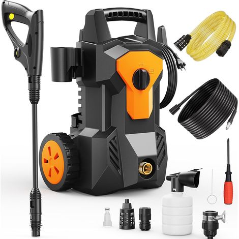 Nettoyeur Haute Pression, Max. 140 Bar, Puissance 1600 W, Débit de 420 l/h, avec Buse Réglable, Pistolet, 8M Tuyau, 2M câble, Pot en Mousse pour Voiture Terrasse Jardin Irrigation (1/5)