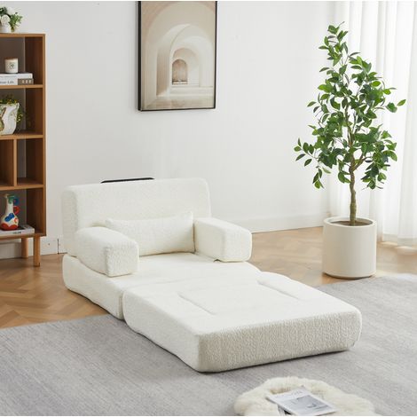 Fauteuil convertible modulable en lit d’appoint 1 place, dossier haut, structure métal, tissu chenille beige (1/5)