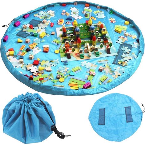 Tapis de jeu pliable avec sac de rangement pour jouets, bleu, 130 cm, résistant, facile à nettoyer (1/5)