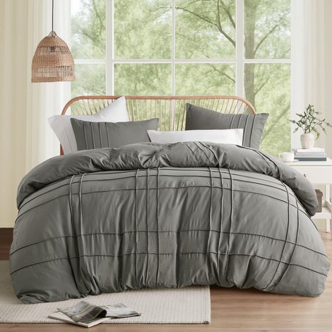 Parure de lit 3 pièces à Plis plissés pour Toutes Les Saisons en Microfibre prélavée – Housse de Couette légère et Extra Douce pour très Grand lit, Gris (1/5)