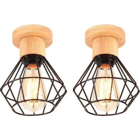2pcs Plafonnier Vintage Lustre Industriel Abat-jour en Bois Métal Lampe de Plafond Design Cage Rétro pour Salon Couloir (1/5)