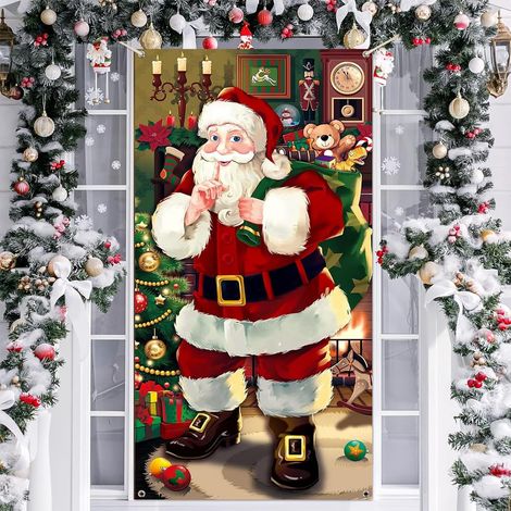 Banner colgante para puerta de Navidad, telón de fondo navideño, pancarta para puerta de Navidad, decoración navideña para fiestas de invierno, puerta de entrada (Papá Noel) (1/5)