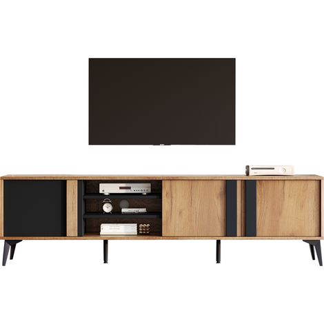 Meuble TV lowboard brun rustique 180 cm avec porte et niche ouverte, pour téléviseurs jusqu’à 80 pouces (1/5)