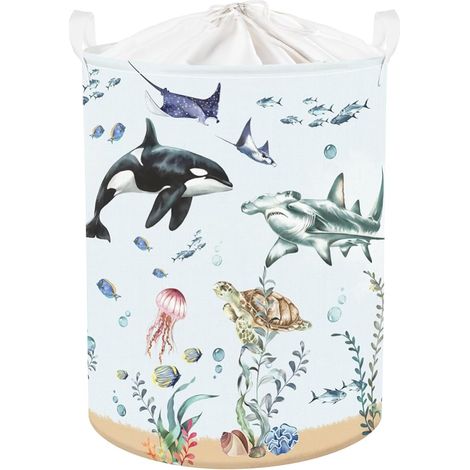 Paniers à Linge Animaux Marins Garçon Fille Repliable Panier Rangement Jouets Vêtements Salle de Bain Chambre à Coucher, Requin Bleu, 63L (1/5)