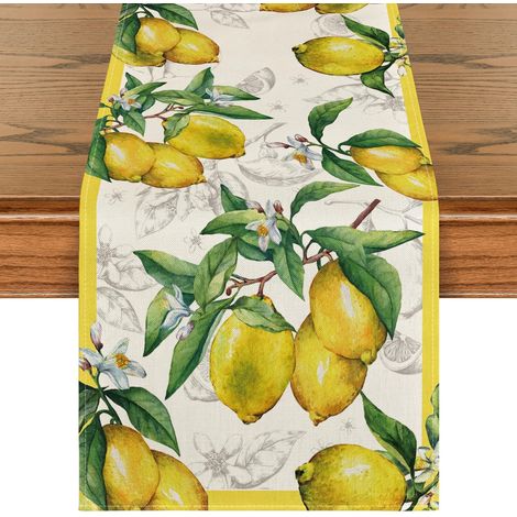 Chemin de table jaune citrons et feuilles d'été, décoration de cuisine et salle à manger de printemps saisonnière pour décoration de fête à domicile 40x240 cm (1/5)