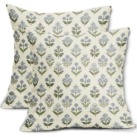 Lot de 2 housses de coussin bleu vert block print 45 x 45 cm, style floral printanier vintage, style bohème, décoration rustique, idéal pour un canapé ou un lit.