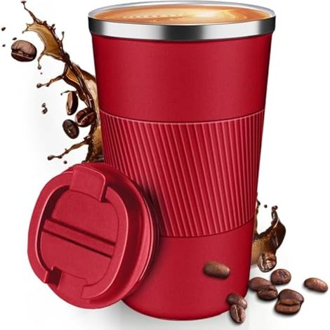 Tasse à café de voyage isotherme, anti-fuite, pobtable pour aller au camping - Gobelet à café réutilisable avec couvercles (rouge 510) (1/5)
