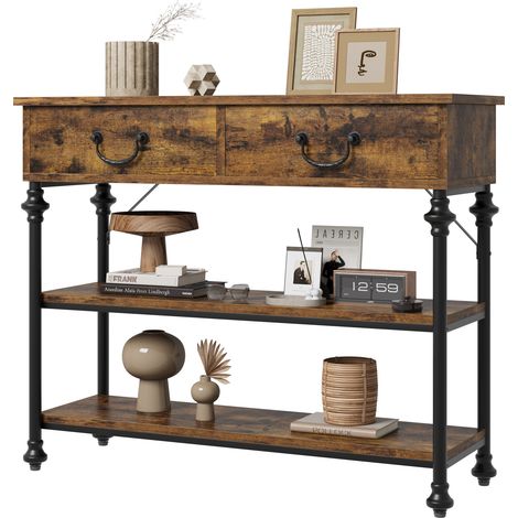 Console étroite industrielle 100x30x80 cm avec 2 tiroirs et 2 étagères – Design rustique marron – Rangement élégant pour entrée ou salon – Hydromotrix