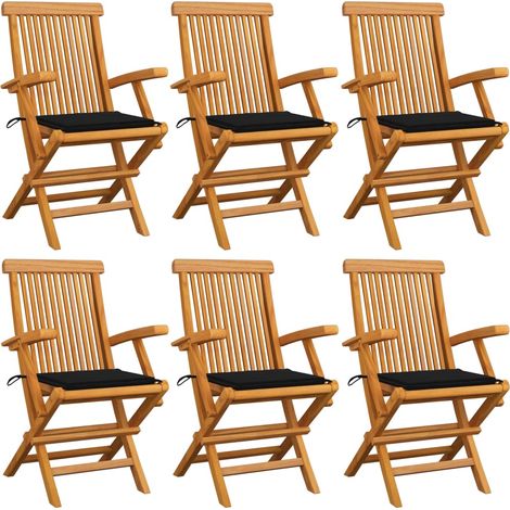 Lot de 6 Chaises/Fauteuils de jardin avec coussins noir Bois de teck massif -TF27217 (1/5)