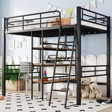 Lit mezzanine 90x200 cm avec bureau et étagères,cadre de lit en fer avec Garde-corps de sécurité pour adulte enfant,noir (1/5)