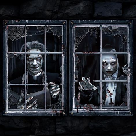 Décorations de fenêtre, rideaux et guirlandes pour Halloween, ensemble de deux pièces, fanions pour une scène de maison hantée en extérieur - 80 x 120 cm (deux pièces) - NG-6