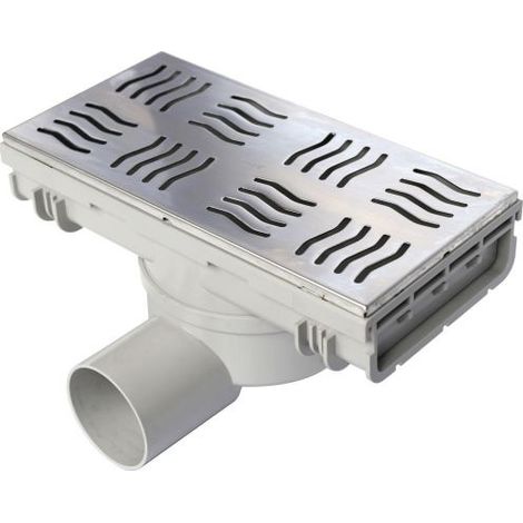 First – Siphonette 200x100mm sortie horizontale Ø50 – Grille inox anti-dérapante – Installation facile – Débit 26L/min – Norme UNI EN 1253 (1/2)