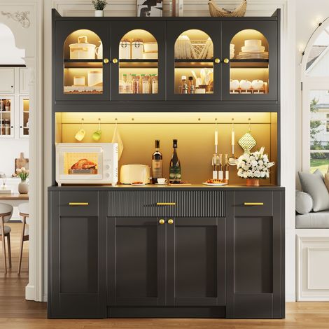 Buffet haut de cuisine 120 cm, 3 vitrines en verre, éclairage LED RGB contrôlé par application, tiroirs et tablettes coulissantes latérales, noir (1/5)