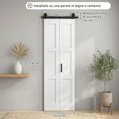 Porte pliante en bois (avec rails en acier, poignée, guide et roulettes), 71,2 x 213,4 cm, blanche et noire (1/5)