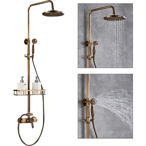 Altmessing-Duschsystem - Retrogold - Duschsäule - Duschkopf mit Ablagebord - Höhenverstellbar 75-120 cm (1/5)