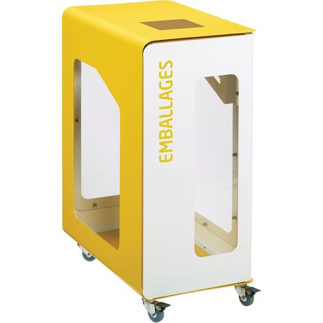 Borne de tri sélectif Cubatri Vigipirate à roulettes, sans serrure - emballages - 90l - blanc / jaune colza - RAL 1021 (1/3)