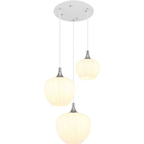 Globo – Lustre suspendu 3 lampes en verre opale satinée – Corps métal blanc mat – Ø 48 cm x H 120 cm – Douille E27, 40 W (1/5)