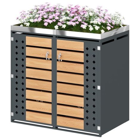 Mülltonnenbox , horizontale Holzmaserungspaneele, trash storage compartments,Abschließbar, Zwei Türen,Pflanzfläche,Diamantförmiges Hohltürpaneel