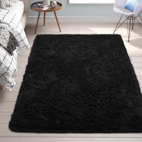 Tapis en peluche moelleux doux pour chambre salon décor à la maison anti-dérapant noir (1/2)