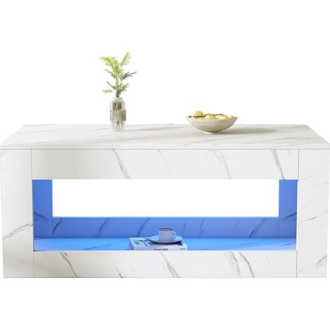 Table basse LED 100,5x50,5x50 cm en panneaux de bois blanc, avec rangement, salon moderne - FLORAGRACE (1/5)