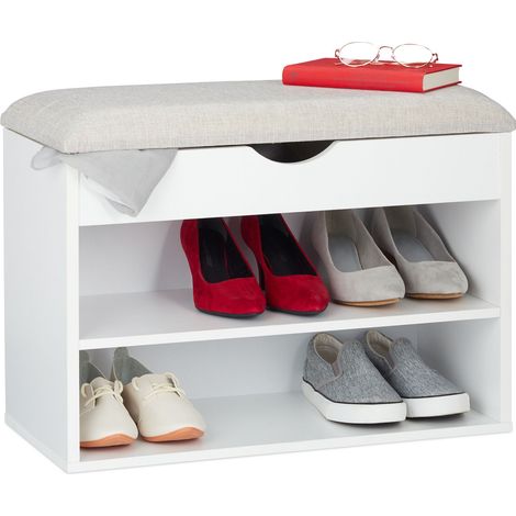 Relaxdays Banco zapatero, Acolchado, Mueble de pasillo, Tres compartimentos, Asiento, 45 x 62 x 30 cm, 1 Ud. Blanco (1/5)