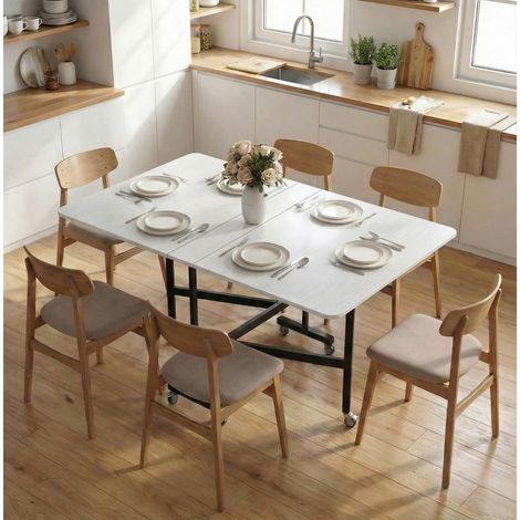 Table à manger extensible 120x80x73 cm en bois, acier, blanc, pliable, gain de place - CHICFURN (1/5)