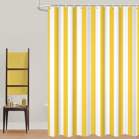 Rideau de Douche, 165x180cm, Jaune et Blanc Minimalisme Moderne Rayures Verticales Tissu Pmperméable Machine Lavable Rideau de Salle de Bain avec Crochets (1/5)