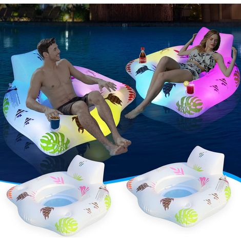 2er-Pack aufblasbare Schwimmhilfen mit wechselnden Lichtern, solarbetrieben, mit 2 Getränkehaltern und 2 Griffen, große Schwimmhilfe, Strand-Schwimmhilfe, lustige Schwimmhilfe, Floß für Erwachsene